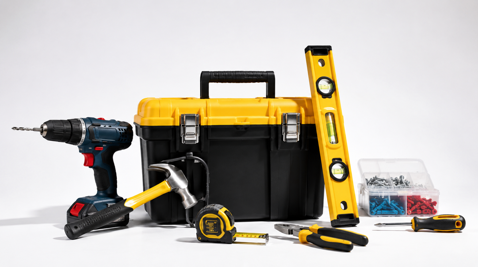 Professional handyman tools on white pedestals