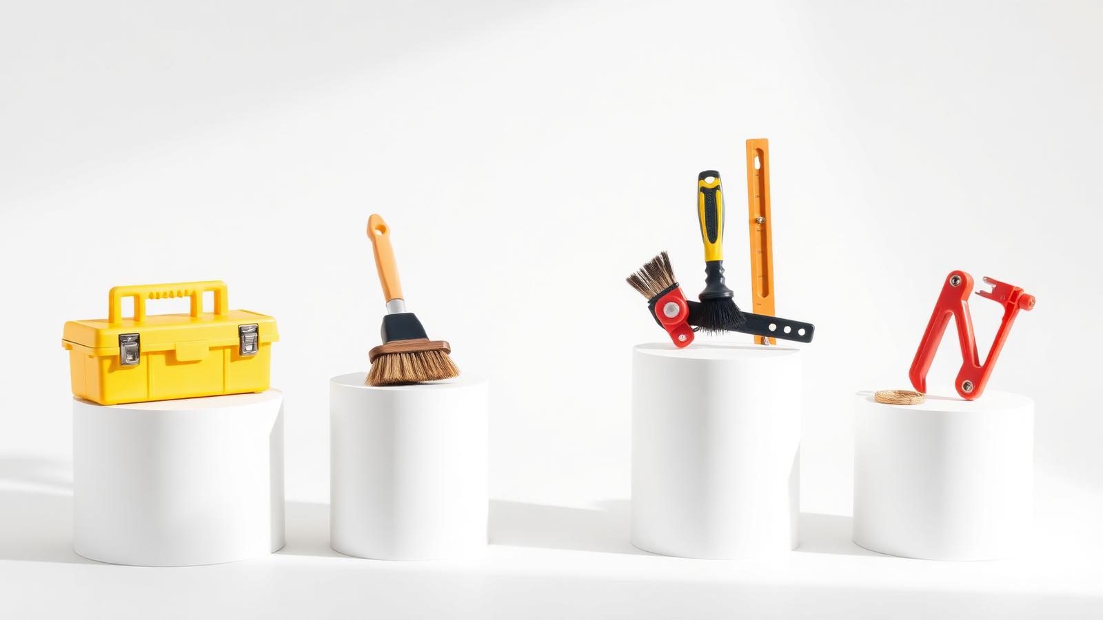 Professional handyman tools on white pedestals
